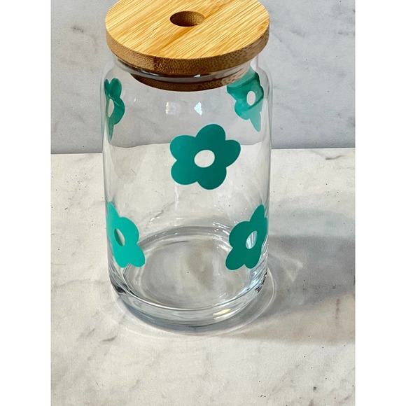 16 oz Glass Beer Can Aqua Flower Cold Brew Cup - Picture 7 of 8